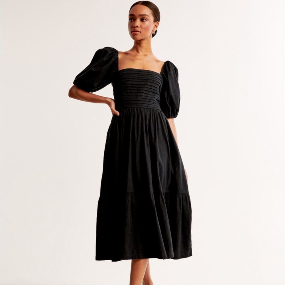 A&F Emerson Midi Linen-Blend Puff Sleeve Dress